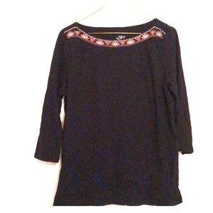 Ann Taylor Loft embroidered navy boat neck shirt